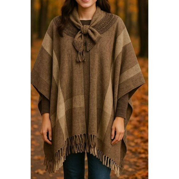 Vintage Wool Cape Western Poncho Fringe Coat One Size Ethnic Aztec Cape Taupe - Picture 1 of 8